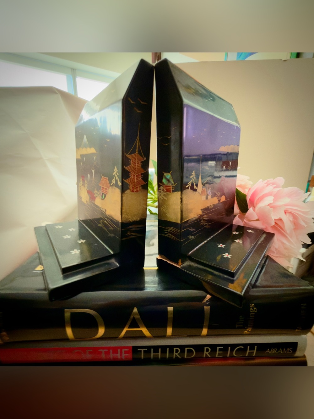 Black Lacquer Asian Inspired Decorative Bookends